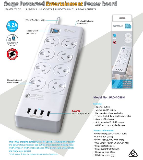 Sansai 8 Outlets & 4 USB Outlets Surge Protected Powerboard Master On/Off switch 1M lead & Right angle plug 230-240VAC IV Retail box Sansai 8 Outlets & 4 USB Outlets Surge Protected Powerboard Master On/Off switch 1M lead & Right angle plug 230-240VAC IV Retail box